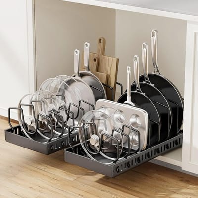 SnelShoppen - Set van 2 Uittrekbare Pannen- en Pottenorganiser voor Keuken - Inclusief 8 Verstelbare Scheiders - Onderkast Organizer voor Kasten - Zwa