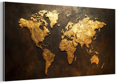 Aluminium schilderij 160x80 cm - Wanddecoratie metaal - Wereldkaart - Goud - Roest - Metalen muurdecoratie woonkamer - Decoratie industrieel - Foto op dibond - Industriële accessoires slaapkamer