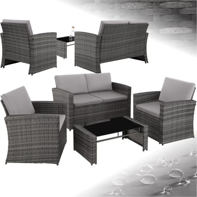 tectake® Wicker tuinloungeset - 2-zitsbank - 2 fauteuils en 1 tafel met afneembaar glazen blad - Comfortabele zit- en rugkussens - Voor tuin, terras, balkon - Zithoogte 38,5 cm - Maximale belasting 120 kg - Grijs