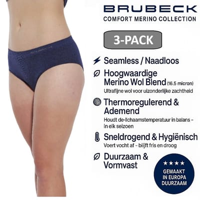 Brubeck Dames Slip Klassiek – Merino Wol Blend Naadloos Ondergoed – 3 PACK - Navy Blauw – Maat S