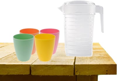 Plasticforte servies Set - 1x waterkan met deksel van 1L - met 4x bekertjes kunststof - gekleurd - 340 ml