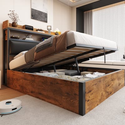 MEUNIQ bedframe 140 x 200 cm met hydraulische opbergruimte, gestoffeerd hoofdbord, USB-aansluitingen en retro hout-metaaldesign in zwart