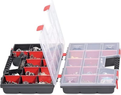 Assortimentsdoos voor kleine onderdelen - sorteerdoos met uitneembare scheidingswanden - transparant deksel - inklapbaar - 390 x 290 x 130