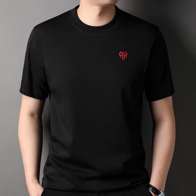 Zomer Nieuw Heren Moerbeizijde Ronde Hals Casual Korte Mouw Los T-shirt Heren Ademend Grote Maat Halve Mouw Heren Eenvoudig 58 black