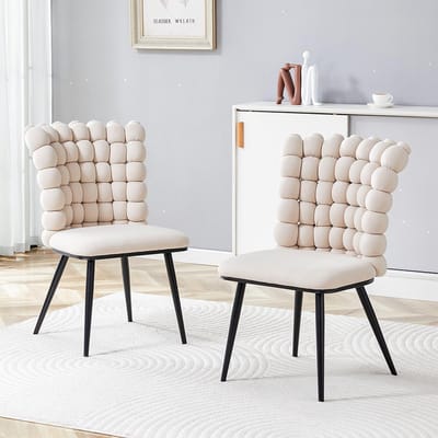 Pugsdrly Eetkamerstoelen van crèmekleurig fluweel met rugleuning met kettingballen (set van 2) – poten van zwart gespoten metaal + stabiele ondersteuning, moderne en luxueuze stijl, geschikt voor eetkamers, woonkamers en kleedkamers