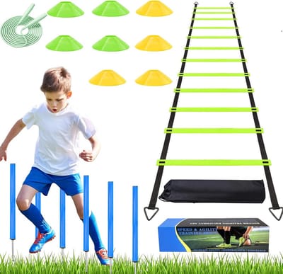 Snelheidstrap en Behendigheidspolen - Voetbaltraining 20ft met 6 Polen en 8 Kezels Voetbal Basketbal Rugby