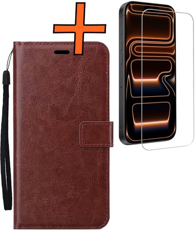 Hoes - Met Screenprotector - Geschikt voor Apple iPhone 17 Pro - Luxe Pasjeshouder - Bookcase Portemonee - Flip Case - Kunstleer Book Case - Flipcase - Book Cover - Walletcase - PortemonneeHoes - Bruin