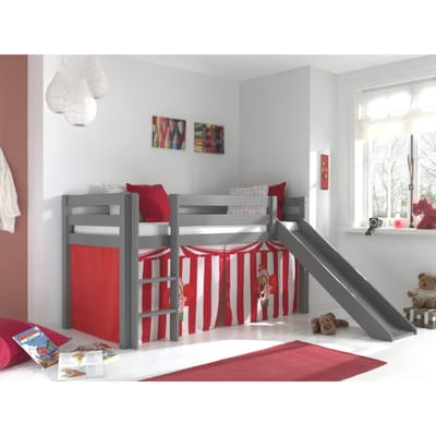 LUCEVI - Pino Halfhoogslaper H115CM + Ladder + Glijbaan + Clown Gordijntjes - Grijs - 90x200 cm
