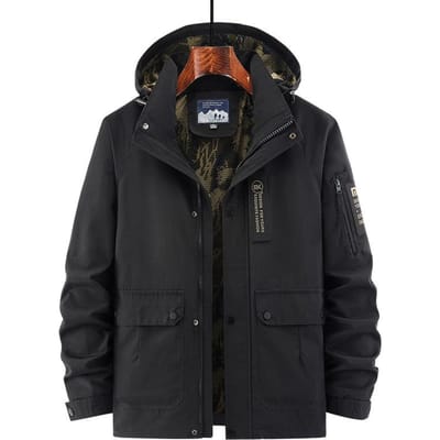 Herfst Nieuwe Heren Multi-Pocket Jas Heren Geprinte Jas Met Afneembare Capuchon Heren Top 5XL black