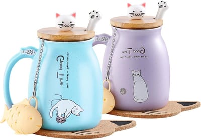 Schattige keramische kattenmok met deksel en roestvrijstalen lepel, ideaal voor koffie, thee en melk, perfect cadeau voor kerst - 380ml (Paars & Blauw)