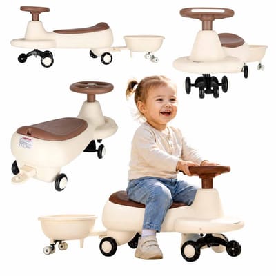 Playos® - Wiggle Car - met Aanhanger - Beige / Bruin - Geluid en Verlichting - tot 100 kg - 100 cm x 28 cm x 36 cm - Bestuurbare Auto - Speelgoedvoertuig - Swing Car - Wiebelauto