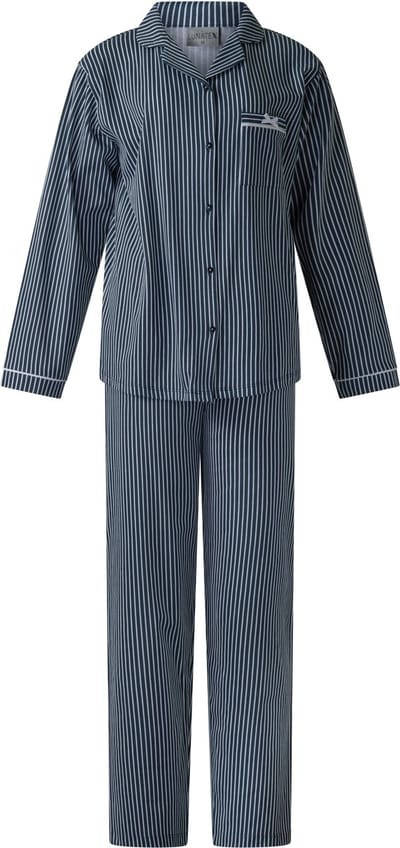 Lunatex - dames pyjama 124239 met doorknoop - 100% katoen - donkerblauw met wit - maat M