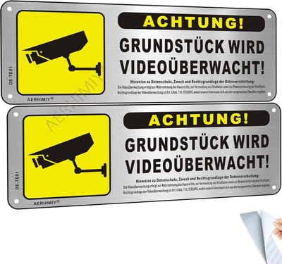 Videobewakingsbord 25x9cm van geborsteld aluminium - Zelfklevend en metalen bescherming voor privépercelen (2 stuks)