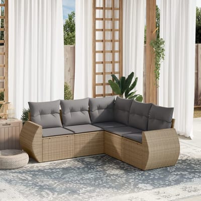 vidaXL - 5-delige - Loungeset - met - kussens - poly - rattan - beige