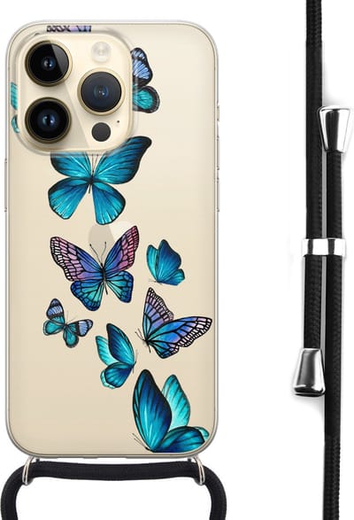 Hoesje met koord - Geschikt voor iPhone 14 Pro - Vlinders blauw - Verstelbaar zwart koord - Transparant, Blauw - Print / Illustratie - Leuke Telefoonhoesjes