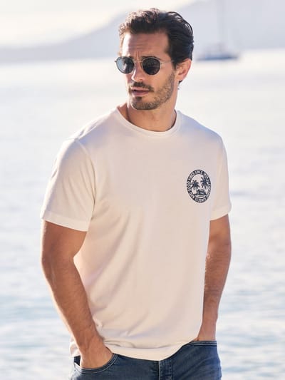 LERROS Casual T-shirt in één kleur van puur katoen met print , Maat: M , Kleur: BROKEN WHITE , 100% katoen