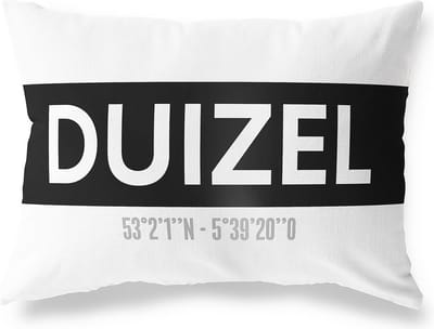 Tuinkussen DUIZEL - NOORD-BRABANT met coördinaten - Buitenkussen - Bootkussen - Weerbestendig - Jouw Plaats - Studio216 - Modern - Zwart-Wit - 50x30cm