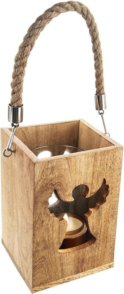Kaars Lantaarn Houten Engel MANGO 20,5 cm - Kaarsenhouder - Tuinlantaarn - Tuinverlichting