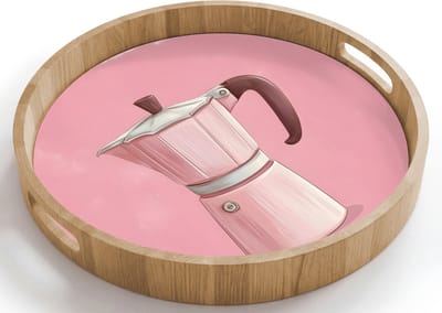 Dienblad rond 40x40 cm - Schootdienblad hout - Roze - Mokkapot - Illustratie - Koffie - Borrelplank rechthoek - Plateau houten dienbladen