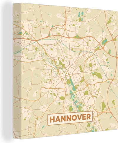 Canvas Schilderij Plattegrond - Hannover - Vintage - Kaart - Stadskaart - 20x20 cm - Wanddecoratie