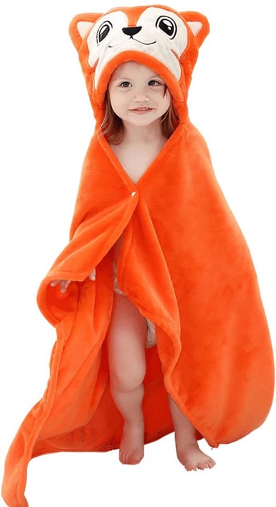 BoefieBoef Baby Kinderdeken Vos – Zachte Fleece Wikkeldeken/Badcape met Dierenprint – 70x100 cm – Multifunctioneel Kraamcadeau of Kerstcadeau – Babykleedje voor Peuters, Kleuters en Baby’s – Winter, Carnaval en Babyshower – Oranje