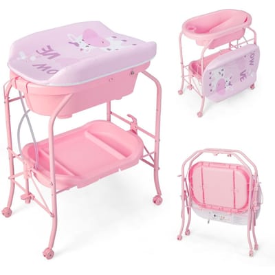 Coast 4-in-1 Opvouwbare Verschoontafel met Bad en Wielen - Roze - 86 x 50 x 100 cm