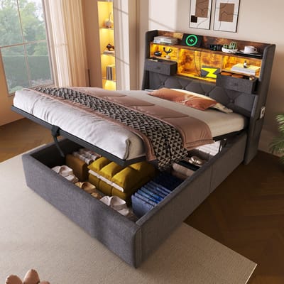 DESMIU Gestoffeerd Bed 90x200cm – Hydraulisch Opbergbed met Ledhoofdbord en Oplaadfunctie – Hoofdbordopbergruimte – Eenpersoonskamer – Linnenstijl – Grijs – Zonder Matras
