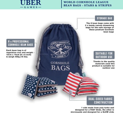 World Cornhole League - 8 Bean Bags - Slow & Fast side - in luxe Tas - Profi - USA vlag design