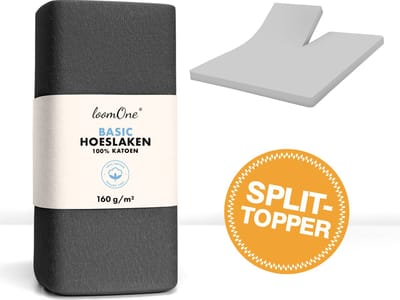 Loom One Hoeslaken Splittopper – 100% Jersey Katoen – 180x200 cm – tot 12cm matrasdikte– 160 g/m² – Antraciet