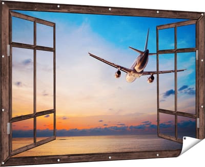 Gards Tuinposter Doorkijk Vliegtuig Boven de Zee bij Zonsondergang - 180x120 cm - Tuindoek - Tuindecoratie - Wanddecoratie buiten - Tuinschilderij