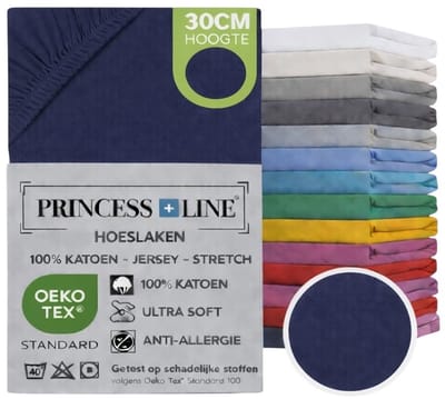 Princess Line- Comfortabel Ultra-Soft-Hoeslaken -100% katoen-Jersey -Stretch -Strijkvrij- Rondom elastiek-Hoekhoogte tot 30cm Eenpersoons -80x200-Donker Blauw