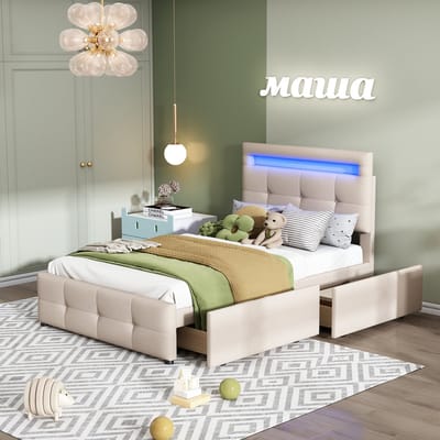 Sweiko 90*200cm Gewatteerd bed met LED Verlichting, 2-laden, Huidvriendelijk linnen gewatteerd plat eenpersoonsbed, kinderbed, jeugdbed, gastenbed (Beige)