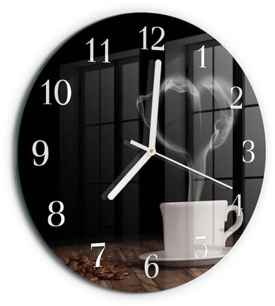 Tulup Wandklok - Koffie Glazen Wandklok Design - 30fi cm - Bruin Klok Glas Met Opdruk - Witte Handen - Ronde Wandklok - Decoratieve Glazen Klok - Glazen Wandklok Design