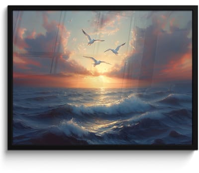 Poster in lijst - Fotolijst 70x50 cm - Posters - Meeuwen - Zonsondergang - Zee - Wolken - Posterlijst zwart - Decoratie - Wanddecoratie woonkamer - Muurdecoratie slaapkamer
