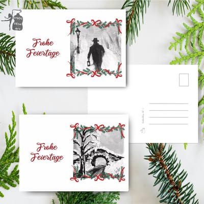 Krista Kitsz Art | Fijne Feestdagen Kerstkaarten set | Winter schilderijen zwart wit | 10 stuks | ansichtkaart