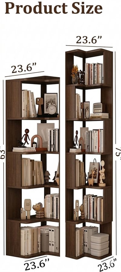 Hoekboekenkast Casa Velluto – 6-laags hoge houten L-vormige boekenplank | Vrijstaand opbergrek met anti-valpaneel | Moderne houten boekenkast voor woonkamer, thuiskantoor en slaapkamer | Walnoot