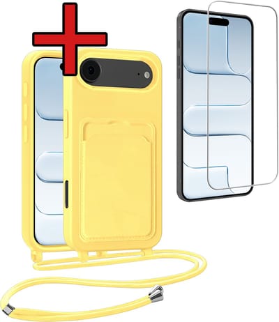 Hoesje Geschikt voor iPhone Air Hoesje Met Telefoonkoord en Pasjeshouder Met Screenprotector Siliconen - Hoes Geschikt voor iPhone Air Hoesje Met Kaarthouder Case - Geel