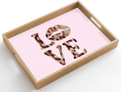 Dienblad hout 50x35 cm - Schootdienblad - Tekst - Love - Pantervacht - Lichtroze - Borrelplank rechthoek - Plateau dienbladen