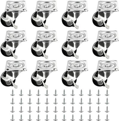 12 stuks meubelwielen, klein met rem, 45 kg draagvermogen, 360° zwenkwielen, rubber, stille wielen voor meubels, opbergdoos, kleine apparaten, vuilnisbak (25 mm)