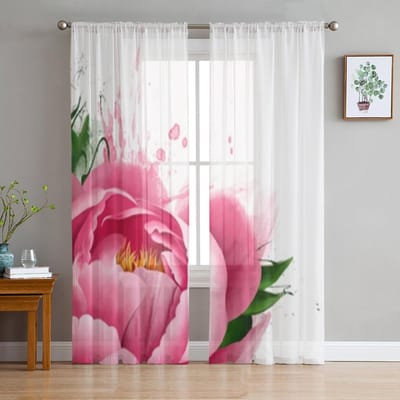 Roze Pioen Chiffon Transparante Gordijnen Voor Woonkamer Slaapkamer Decoratie Raam Tule Gordijnen Vitrages 135W x 114H(cm) white