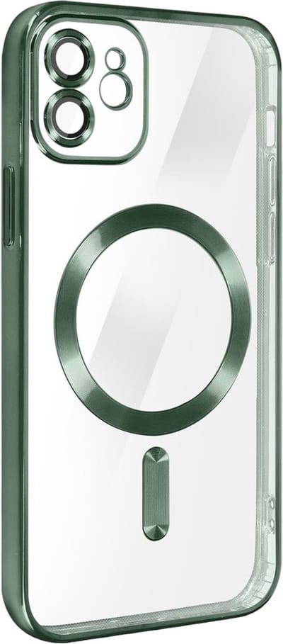 Hoesje Geschikt voor Apple iPhone 12 silicone Back cover met lenzbeschermer/Magsafe compatible /magneet case Telefoonhoesje/transparant met Donkergroen randen