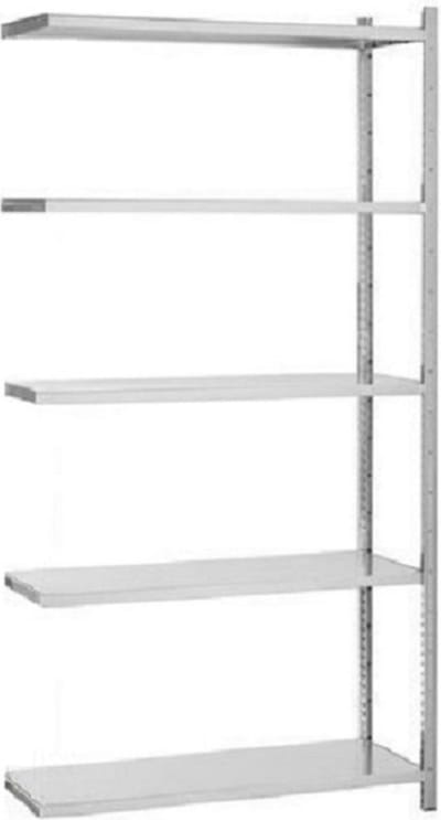 Aanbouwrek voor professioneel industrieel metalen gegalvaniseerd magazijnstelling, magazijnrek, stellingrek, opbergrek, archiefstelling, legbordstelling met de afmeting H220 x B100 x D30 cm. Draagvermogen per plank is 90 kilo.