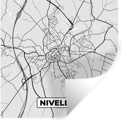 Muurstickers - Sticker Folie - Stadskaart – Zwart Wit - Kaart – Nivelles – België – Plattegrond - 100x100 cm - Plakfolie - Muurstickers Kinderkamer - Zelfklevend Behang XXL - Zelfklevend behangpapier - Stickerfolie