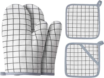 Ovenwanten en hittebestendige matten, BBQ-wanten - ovenwanten, antislip kookwanten, katoenen en linnen hittebestendige wanten, voor koken, bakken en barbecueën (wit)-Stijl 1