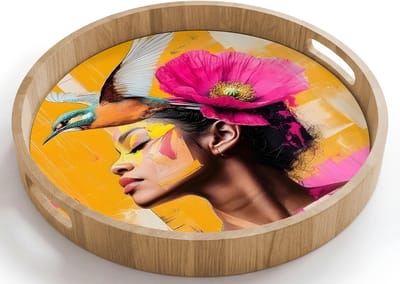Dienblad rond 40x40 cm - Schootdienblad hout - Vogel - Vrouw - Abstract - Bloem - Borrelplank rechthoek - Plateau houten dienbladen