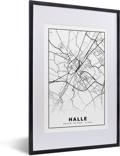 Fotolijst incl. Poster Zwart Wit- Stadskaart – Plattegrond – België – Zwart Wit – Halle – Kaart - 40x60 cm - Posterlijst