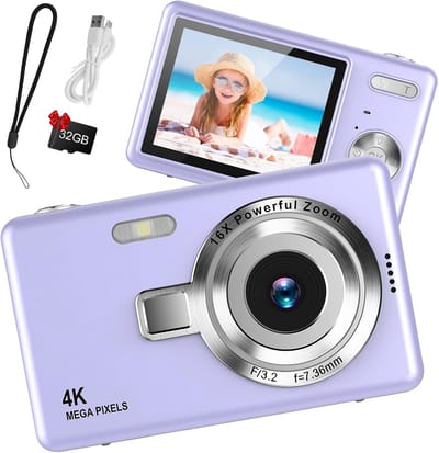 Camera - Digitale camera 1080p Full HD 44MP met 2,4 inch LCD-scherm - 16x digitale zoom - Compacte draagbare vlogcamera - Met 32 ​​GB SD-kaart - Voor kinderen - Tieners - Studenten en beginners (Paars)