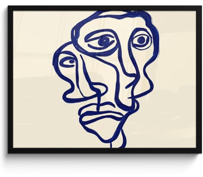 Poster in lijst - Fotolijst 80x60 cm - Posters - Lijntekening - Overlappende gezichten - Donkerblauw - Posterlijst zwart - Decoratie - Wanddecoratie woonkamer - Muurdecoratie slaapkamer