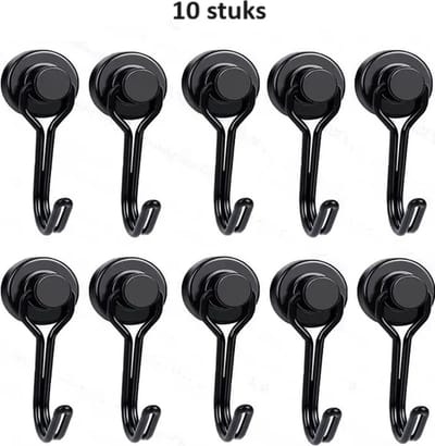 TLVX 10 stuks Sterke Hanghaak Magneet Zwart 16mm x 41mm / Erg sterk / 5 KG trekkracht / Magnetische ophanghaak / Magneet met haak / Metalen haak / Deurmagneet haak voor sleutels / Koelkast magneet handdoek / Magneet gereedschap / Foto of Handdoekhaak