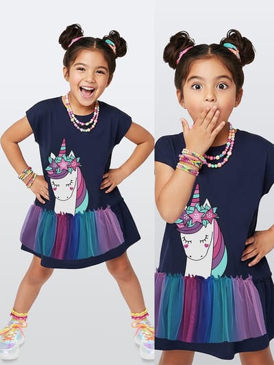 Denokids CFF-26Y1-123 Marineblauwe Meisjes Jurk met Eenhoornprint110